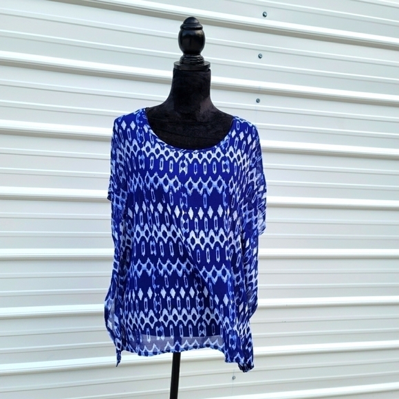 H&M SHEER Peasant BOHO Blouse Shirt Top 4 Small White Blue Kimono Sleeve Ruffle - Picture 1 of 10
